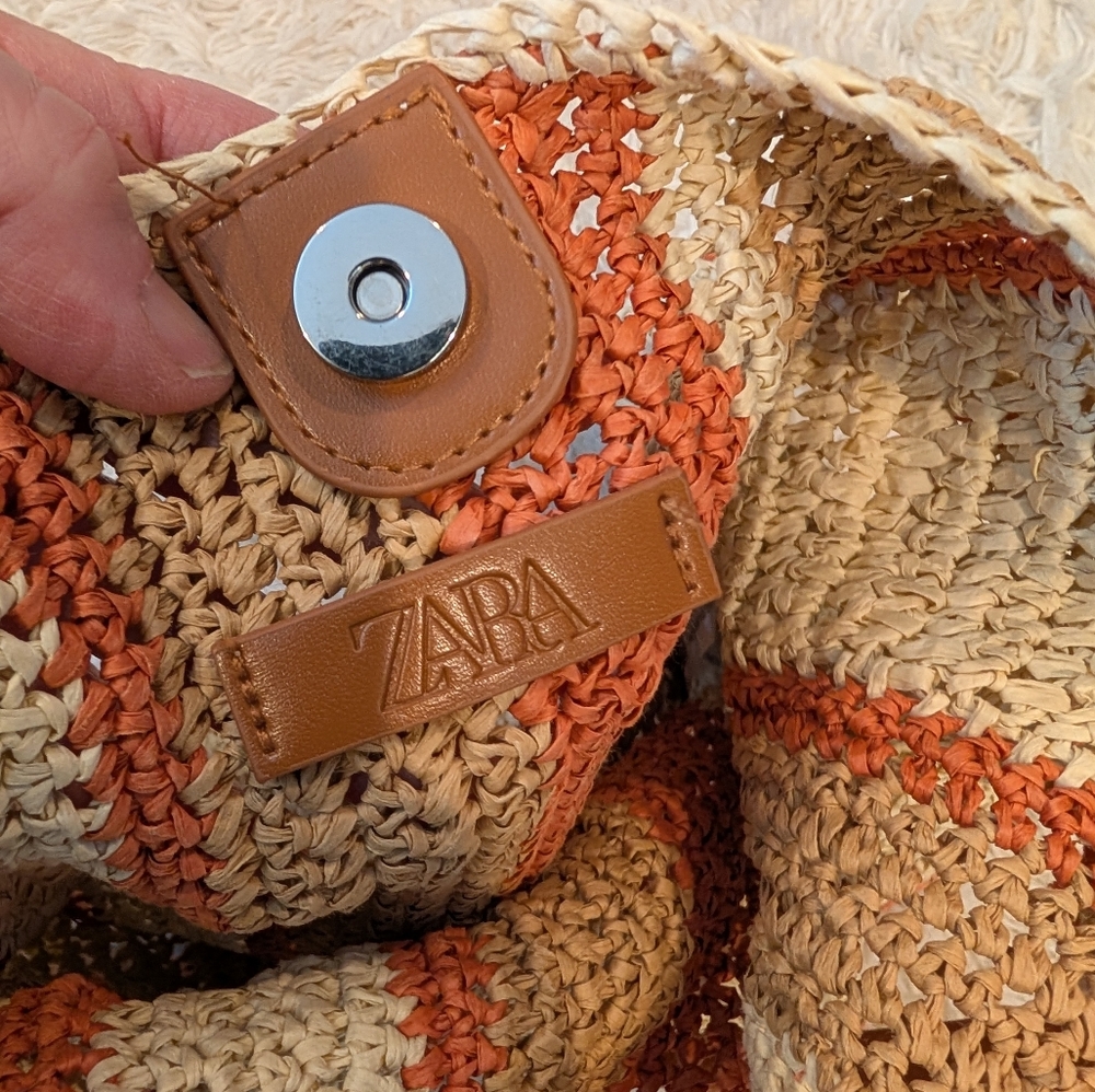 ZARA Woven Straw Shoulder Bag Tan Orange - Picture 5 of 9